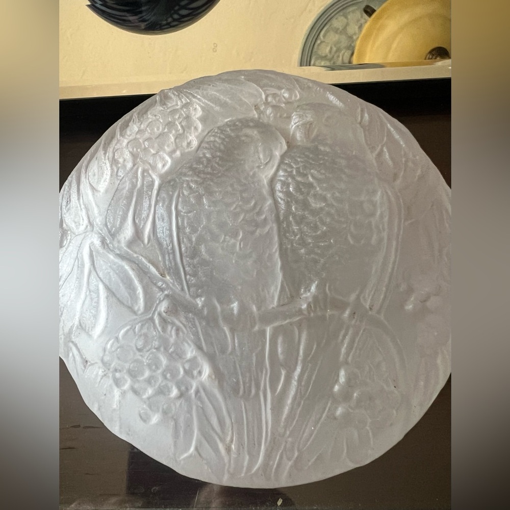 Vintage Consolidated Glass Art Deco Covered Powder Jar, Frosted Glass Lovebirds
